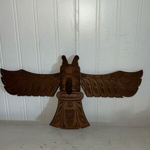 Vintage Pacific Northwest Native American carved wood totem pole wall hanging